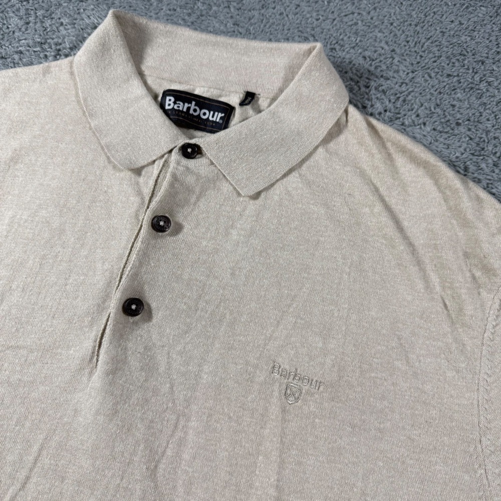 Barbour Knit Polo Shirt Mens XL Cotton Linen Short Sleeve Spell Out Chest Logo